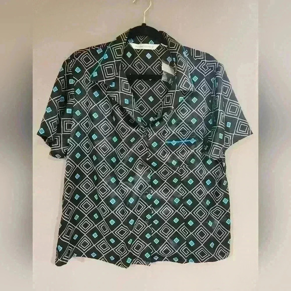 NWT vintage Victoria's secret pijama top size Large white and teal diamond print - Picture 1 of 3